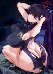 1girl arms_up ass back back_cutout bare_legs barefoot black_dress black_gloves black_hair blue_archive blush breasts bright_pupils butt_crack china_dress chinese_clothes closed_mouth clothing_cutout cosplay dress feet full_body gloves hair_ornament hairclip half_gloves halo highres huge_breasts kisaki_(blue_archive) kisaki_(blue_archive)_(cosplay) kneeling long_hair looking_at_viewer ponytail red_eyes revision rio_(blue_archive) soles solo thighs toes white_pupils xiujia_yihuizi