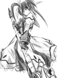 Rule 34 | 00s, 1girl, bow, female focus, fingerless gloves, gloves, greyscale, lyrical nanoha, magazine (weapon), magical girl, mahou shoujo lyrical nanoha, monochrome, raising heart, solo, takamachi nanoha, twintails, white devil