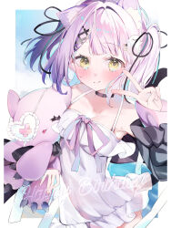Rule 34 | 1girl, absurdres, animal ear fluff, animal ears, armpit crease, bare shoulders, black choker, black jacket, blush, border, breasts, cat ears, choker, colored inner hair, hair ornament, hair ribbon, happy birthday, highres, holding, holding stuffed toy, jacket, multicolored hair, open clothes, open jacket, outside border, purple hair, ribbon, shinomiya runa, shinomiya runa (1st costume), small breasts, solo, stuffed toy, two side up, uwosa kana, v, v over eye, virtual youtuber, vspo!, white border, white chemise, x hair ornament, yellow eyes
