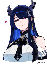 1girl absurdres black_hair black_horns black_necktie blue_hair breasts closed_mouth colored_inner_hair dress_shirt heart highres hololive hololive_english horns icetia large_breasts long_hair multicolored_hair necktie nerissa_ravencroft nerissa_ravencroft_(1st_costume) pink_eyes shirt simple_background slit_pupils smile solo striped_clothes striped_shirt vertical-striped_clothes vertical-striped_shirt virtual_youtuber white_background white_shirt