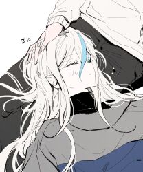 1boy 1girl black_pants closed_eyes facial_mark hand_on_another&#039;s_head highres hood hoodie jacket lap_pillow long_hair multicolored_hair palme310 pants pointy_ears sleeping streaked_hair sumino_takumi the_hundred_line_-last_defense_academy- unworn_jacket v&#039;ehxness white_hair white_hoodie zzz