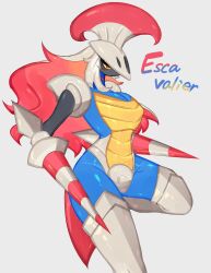 absurdres armor black_skin blue_skin blush breastplate breasts cleavage colored_sclera colored_skin creatures_(company) escavalier game_freak gen_5_pokemon helmet highres knight large_breasts long_hair nintendo orange_eyes pokemon pokemon_(creature) polearm red_hair spear thick_thighs thighs togetoge weapon wide_hips yellow_sclera