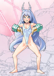 1girl barefoot blue_eyes blue_hair blush boku_no_hero_academia breasts drill_hair gloves hado_nejire haigure_pose hair_horns highleg highleg_one-piece_swimsuit highres long_hair looking_at_viewer medium_breasts mind_control one-piece_swimsuit rom_no_hito skin_tight super_highleg swimsuit tight_clothes twin_drills very_long_hair wavy_mouth yellow_gloves