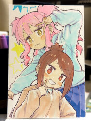Rule 34 | 2girls, :3, artist name, blue skirt, blush stickers, brown eyes, brown hair, commentary request, grin, high ponytail, highres, long hair, looking at viewer, matado (almukha), multiple girls, nagase miyako, onii-chan wa oshimai!, photo (medium), pink hair, pleated skirt, ponytail, short hair, short ponytail, skirt, smile, traditional media, twitter username, two side up, v, v over eye, v over mouth, yasaka mai, yellow eyes