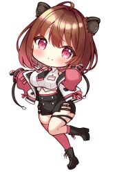 1girl ahoge animal_ear_piercing black_boots black_necktie black_shorts blush boots breasts brown_hair capybara_girl chibi chibi_only closed_mouth commentary_request earrings full_body highres jacket jewelry large_breasts looking_at_viewer nanashi_inc. necktie open_clothes open_jacket pink_eyes pink_socks shirt short_hair shorts simple_background sleeveless sleeveless_shirt smile socks solo transparent_background usaba_(usabara_c) virtual_youtuber white_jacket white_shirt yunohara_izumi