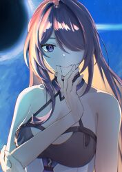 1girl absurdres acheron_(honkai:_star_rail) bare_shoulders black_choker breasts choker cleavage commentary_request hair_over_one_eye halterneck highres honkai:_star_rail honkai_(series) korean_commentary long_hair looking_at_viewer purple_eyes purple_hair pyeong_il smile solo upper_body