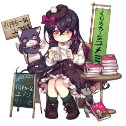 1girl black_dress black_hair book book_stack cat chalkboard_sign dress frilled_dress frills hat holding holding_book holding_sign long_hair mini_hat mouse_(animal) on_chair open_book pika_(kai9464) plaid_clothes plaid_dress round_table sign sitting table uchi_no_hime-sama_ga_ichiban_kawaii very_long_hair wooden_table yellow_eyes yumemi_(uchi_no_hime-sama)