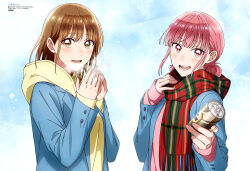 Rule 34 | 2girls, :d, absurdres, anime coloring, animedia, ao no hako, aqua jacket, artist request, blazer, blush, breath, brown eyes, brown hair, can, canned coffee, chouno hina, copyright name, copyright notice, double bun, drink can, fringe trim, hair bun, hands up, highres, holding, holding can, hood, hood down, hoodie, incoming drink, jacket, kano chinatsu, layered sleeves, long sleeves, looking at viewer, multiple girls, official art, open clothes, open jacket, open mouth, own hands together, pink eyes, pink hair, pink sweater, plaid clothes, plaid scarf, red scarf, scarf, scarf hold, school uniform, short hair, sidelocks, smile, standing, sweater, third-party source, upper body, very low bun, yellow hoodie