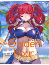 1girl :q alternate_costume alternate_hairstyle bare_shoulders beach belt bikini black_choker blue_bikini blue_sky blush breasts choker cleavage facial_mark fire_emblem fire_emblem_engage gold_belt hair_ornament highres irisl large_breasts licking_lips long_hair looking_at_viewer navel nintendo ocean outdoors palm_tree purple_bikini purple_sarong red_eyes red_hair sarong sky smile solo star_(symbol) star_facial_mark star_hair_ornament stomach swimsuit tongue tongue_out tree twintails yellow_belt yunaka_(fire_emblem)