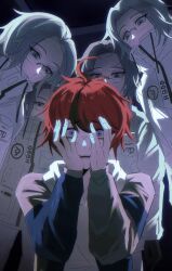 5boys ahoge aotsuki_eito black_gloves blue_eyes clone drawstring glasses gloves grey_hair hands_on_own_face hashtag-only_commentary highres hood hoodie jacket male_focus multiple_boys pants red_hair scared short_hair spoilers sumino_takumi sweat the_hundred_line_-last_defense_academy- white_jacket white_pants yunge464209561
