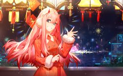 1girl coat commentary cowboy_shot darling_in_the_franxx earmuffs eyes_visible_through_hair female_focus fireworks green_eyes grin hair_between_eyes hairband hand_up highres holding holographic_interface horns long_hair long_sleeves looking_at_viewer night night_sky oni_horns pink_hair red_coat red_horns sky smile solo teeth uniform water waving white_hairband window yyb zero_two_(darling_in_the_franxx)