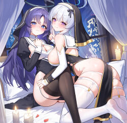 2girls absurdres alternate_costume ass bed_sheet black_dress black_panties black_thighhighs black_veil blue_archive blue_eyes blue_hair blush breasts candle cleavage cleavage_cutout closed_mouth clothing_cutout dress esseppd highres juliet_sleeves large_breasts long_hair long_sleeves looking_at_viewer multiple_girls noa_(blue_archive) nun on_bed panties panty_pull pelvic_curtain puffy_sleeves pulling_another&#039;s_clothes purple_eyes sideboob smile sweat thighhighs thighs underwear veil very_long_hair white_hair white_panties white_thighhighs yuuka_(blue_archive)