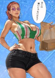 annqi b_0_rukia bag bare_shoulders breasts collarbone crop_top earrings gundam gundam_gquuuuuux hairband hand_on_own_hip holding holding_bag hoop_earrings japanese_text jeans_shorts jewelry large_breasts lips looking_at_viewer speech_bubble translation_request