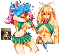 2girls 3amsoda abs artist_name azura_(fire_emblem) bikini blonde_hair blue_hair bow bowtie breasts charlotte_(fire_emblem) fire_emblem fire_emblem_fates game_screenshot_inset halterneck heart highres holding holding_polearm holding_weapon large_breasts leaf leaf_bikini leaf_clothing long_hair looking_at_viewer midriff multicolored_hair multiple_girls navel nintendo open_mouth peri_(fire_emblem) pink_hair polearm simple_background spear teeth twintails two-tone_hair underboob upper_teeth_only weapon white_background white_bow white_bowtie