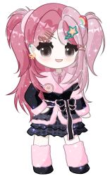 Rule 34 | 1girl, absurdres, armband, badge, black bow, black jacket, black shoes, black skirt, bow, brown eyes, collared shirt, deformed, ear piercing, earrings, eyelashes, frilled bow, frills, fur-trimmed jacket, fur-trimmed sleeves, fur leg warmers, fur trim, gyaru, hair ornament, hair scrunchie, hairclip, hand on own hip, happy, heart, heart hair ornament, highres, infinity nikki, jacket, jewelry, leg warmers, light blush, light particles, long hair, long sleeves, looking ahead, miniskirt, multicolored hair, necktie, nikki (series), open mouth, piercing, pink armband, pink hair, pink leg warmers, pink necktie, pink scrunchie, pink shirt, plaid clothes, plaid skirt, rainbow hair, ribbon, ribbon earrings, rosie sweetheart (infinity nikki), scrunchie, shirt, shoes, sidelocks, simple background, single earring, skirt, sleeves past wrists, smile, solo, sparkle, split-color hair, standing, tareme, two side up, very long hair, waist bow, white background, x hair ornament, y2k fashion, yellow ribbon, zhizhizhizhizhizong