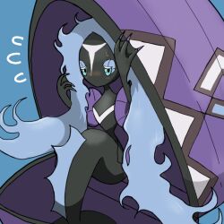 1girl aqua_eyes black_skin blue_background blue_hair blush colored_skin cropped female_focus fewer_digits flat_chest flying_sweatdrops gen_7_pokemon half-closed_eyes hands_up legendary_pokemon long_hair mermaid messy_hair monster_girl monya multicolored_skin nervous nintendo no_mouth nose_blush pokemon pokemon_(creature) shy sidelocks solo sweat tapu_fini two-tone_skin very_long_hair webbed_hands white_skin