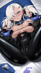 Rule 34 | 1girl, :o, absurdres, azur lane, bikini, black bikini, black gloves, blonde hair, blue eyes, blush, braid, breasts, chinese text, condom, condom wrapper, covered navel, dark-skinned female, dark skin, diving suit, double w, earrings, fingerless gloves, fish hair ornament, from above, gloves, hair ornament, hair over one eye, half-closed eyes, hands up, herring (azur lane), highres, jewelry, k.t.cube, large breasts, legs, legs up, long hair, looking at viewer, looking up, lying, nail polish, on back, on bed, partially unzipped, purple nails, skin tight, solo, spread legs, swimsuit, thighs, twin braids, twintails, w, white hair