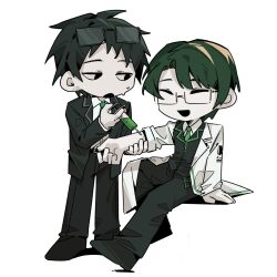Rule 34 | 2boys, :d, ampule, black eyes, black hair, black suit, chibi, chibi only, closed eyes, coat, collared shirt, dongrang (project moon), double-parted bangs, eyewear on head, formal clothes, full body, green necktie, grey hair, hand on another&#039;s arm, highres, holding, holding syringe, injection, invisible chair, kicking, limbus company, looking at another, messy hair, multiple boys, necktie, open mouth, outstretched arm, outstretched leg, project moon, samjo (project moon), shirt, short hair, sitting, sleeves rolled up, smile, suit, sweatdrop, swept bangs, syringe, unamused, white background, white coat, white shirt, wuruko