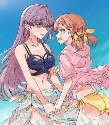 Rule 34 | 2girls, :d, bare shoulders, bikini, blue bikini, blue sarong, blue sky, breasts, cerise bouquet, chinese commentary, cleavage, collarbone, commentary request, day, eye contact, floral print, floral print bikini, frilled bikini, frilled jacket, frills, green eyes, hair ornament, hairclip, highres, hinoshita kaho, hinoshita kaho (swimsuit), holding hands, hood, hood down, hooded jacket, jacket, jacket over swimsuit, junjun (kimi-la), large breasts, link! like! love live!, long hair, looking at another, love live!, medium hair, mismatched bikini, mixed-language commentary, multi-strapped bikini top, multiple girls, official alternate costume, open clothes, open jacket, open mouth, orange hair, otomune kozue, otomune kozue (swimsuit), parallel hairclips, pink jacket, print bikini, profile, purple hair, sarong, short-sleeved jacket, short sleeves, short twintails, side-tie bikini bottom, sideways mouth, sky, smile, swimsuit, twintails, virtual youtuber, yellow bikini