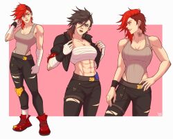 Rule 34 | abs, arcane: league of legends, arcane vi, arm tattoo, asymmetrical hair, black hair, black pants, breasts, chest sarashi, cleavage, cropped jacket, eyebrow cut, facial tattoo, full body, hand wraps, highres, jacket, league of legends, leotard, leotard under clothes, looking at viewer, looking to the side, multicolored hair, muscular, muscular female, neck tattoo, pants, red hair, sarashi, sidecut, smile, tattoo, torn clothes, torn pants, undercut, vi (league of legends), yellow nicky