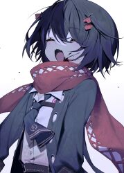 1boy absurdres ascot black_hair blood blood_on_face cardigan closed_eyes dodonpa_tuyoi fangs hair_between_eyes highres light_blush male_focus mashiro_meme mashiro_meme_(1st_costume) nijisanji open_cardigan open_clothes open_mouth pale_skin red_scarf safety_pin_hair_ornament scarf shirt simple_background solo trap two_side_up virtual_youtuber white_background white_shirt