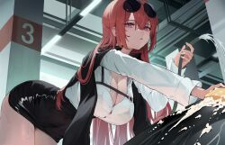 1girl azur_lane black_jacket black_skirt bra_visible_through_clothes breasts chest_strap cleaning cleavage eyewear_on_head hair_between_eyes hashtag-only_commentary highres holding holding_hose holding_sponge hose jacket jacket_on_shoulders large_breasts leaning_forward long_hair long_sleeves looking_at_viewer monarch_(azur_lane) monarch_(detective_arriving_on_the_scene)_(azur_lane) official_alternate_costume open_mouth pencil_skirt purple_eyes red_hair refla shirt skirt soap_bubbles solo sponge sunglasses washing_vehicle white_shirt yellow_sponge