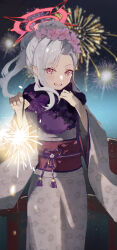 Rule 34 | 1girl, absurdres, blue archive, blush, floral print, flower, fur collar, grin, haimaotuanzi, hair bun, hair flower, hair ornament, highres, holding, holding fireworks, japanese clothes, kimono, long hair, mutsuki (blue archive), mutsuki (new year) (blue archive), obi, official alternate costume, official alternate hairstyle, pink eyes, pink flower, red sash, sash, smile, solo, white hair, white kimono