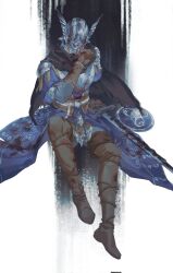 1boy armor black_cloak blue_surcoat boots cloak elden_ring elden_ring_nightreign geranbb gloves helmet highres shield sitting solo white_background winged_helmet wylder_(elden_ring)