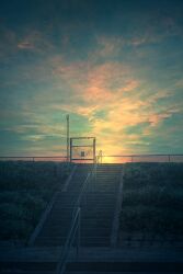 blue_sky bush chain-link_fence cloud commentary_request dusk fence highres mks multicolored_sky no_humans orange_sky original outdoors plant railing scenery sky stairs twitter_username vines