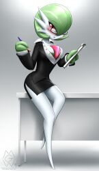 1girl black_jacket black_skirt blush bob_cut colored_skin desk gardevoir gen_3_pokemon glasses gradient_background green_hair green_skin hair_over_one_eye highres holding holding_pen jacket multicolored_skin mykegreywolf nintendo no_feet parted_lips pen pencil_skirt pink_eyes pokemon pokemon_(creature) secretary signature skirt two-tone_skin unbuttoned white_skin