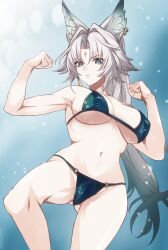 1girl animal_ears bikini breasts commentary commentary_request earrings english_commentary feixiao_(honkai:_star_rail) flexing fox_ears fox_girl gluteal_fold gradient_background green_bikini green_eyes grey_hair highres honkai:_star_rail honkai_(series) jewelry large_breasts long_hair mixed-language_commentary multicolored_hair muscular muscular_female navel saint_laurent_paris solo stomach swimsuit thighs two-tone_hair underboob very_long_hair