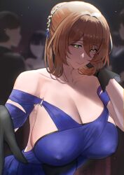1girl absurdres bare_shoulders black_gloves blue_dress blush breasts brown_hair cleavage commentary covered_erect_nipples dress english_commentary flower girls&#039;_frontline girls&#039;_frontline_2:_exilium gloves green_eyes hair_between_eyes hair_flower hair_ornament hair_rings hans-kun highres large_breasts long_hair looking_at_viewer official_alternate_costume open_mouth sidelocks smile solo springfield_(girls&#039;_frontline) springfield_(girls&#039;_frontline_2) springfield_(queen_in_radiance)_(girls&#039;_frontline)