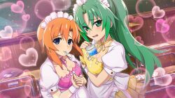 2girls alternate_costume black_bag blue_eyes blurry blush board_eraser card chair chalkboard classroom closed_mouth cowboy_shot depth_of_field desk dress dutch_angle enmaided food_on_body food_on_breasts food_on_clothes game_cg green_eyes green_hair hand_on_own_chest heart high_ponytail highres higurashi_no_naku_koro_ni higurashi_no_naku_koro_ni_mei indoors lens_flare long_hair looking_at_viewer maid maid_headdress mouth_hold multiple_girls neck_ribbon non-circular_lens_flare non-web_source official_art open_mouth orange_hair pink_ribbon playing_card ponytail puffy_sleeves ribbon ryuuguu_rena school_chair school_desk short_hair short_sleeves shy sonozaki_mion sparkle standing utensil_in_mouth yellow_ribbon yogurt