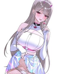 1girl clothes_lift fishnet_pantyhose fishnets goddess_of_victory:_nikke heart_collar highres holographic_clothing horns iridescent long_hair pantyhose pink_horns pleated_skirt shiny_skirt simple_background skirt skirt_lift smile solo viper_(nikke) wapuwaffle white_background