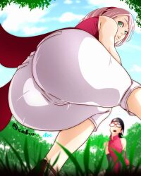 2girls absurdres ass ass_focus bare_shoulders black_hair boruto:_naruto_next_generations cloud cowlick crotch detached_sleeves exhausted forest from_below grass green_eyes hairband haruno_sakura highres looking_at_viewer looking_down medium_hair multiple_girls naruto_(series) nature pants parted_bangs parted_lips pink_hair red-framed_eyewear red_hairband red_shirt saburo_des sandals shirt short_hair sky sleeveless sleeveless_shirt squatting tight_clothes tight_pants twitter_username uchiha_sarada white_pants