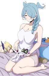 3girls absurdres ahoge applying_manicure armpit_crease beads blonde_hair blue_hair braid braided_ponytail breasts camisole casual cat cleavage closed_eyes cucumber_on_face daydarion elira_pendora enna_alouette hair_beads hair_ornament hair_over_one_eye head_wings highres large_breasts long_hair millie_parfait multiple_girls nijisanji nijisanji_en on_bed pikl_(elira_pendora) pomudachi_(pomu_rainpuff) red_nails ryuguard_(finana_ryugu) shorts simple_background sitting smile solo_focus virtual_youtuber wariza white_background white_camisole wings
