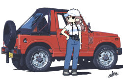 1girl baseball_cap belt black_belt black_eyes black_footwear blue_pants bracelet breasts car denim full_body hair_behind_ear hat jeans jewelry license_plate looking_to_the_side motor_vehicle original pants red_car satosio shadow shirt signature simple_background small_breasts solo spare_tire sports_utility_vehicle suzuki_(company) suzuki_jimny toeless_footwear unused_tire white_background white_hat white_shirt