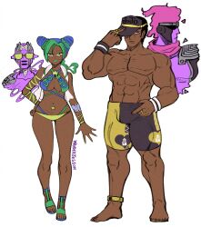 1boy 1girl abs absurdres adjusting_clothes adjusting_headwear anklet arm_tattoo bare_shoulders barefoot bikini black_hair blue_bikini blue_hair bracelet braid braided_ponytail breasts brooch brown_swim_trunks bun_with_braided_base butterfly_tattoo cleavage criss-cross_halter cropped_vest dark-skinned_female dark-skinned_male dark_skin double_bun eyelashes eyeshadow father_and_daughter fingernails full_body gold_anklet gold_ring green-tinted_eyewear green_bikini green_eyes green_eyeshadow green_hair green_lips green_nails hair_bun half-closed_eyes halterneck hand_on_headwear hand_on_own_hip hand_up hat hat_over_one_eye heart heart-shaped_hair highres jewelry jojo_no_kimyou_na_bouken kuujou_jolyne large_breasts light_frown lipstick looking_at_viewer makeup male_swimwear multicolored_bikini multicolored_hair multiple_rings muscular muscular_male nail_polish navel_piercing open_clothes open_vest piercing print_bikini print_hat print_headwear purple_eyes ring sandals short_hair simple_background smile stand_(jojo) standing star_(symbol) star_brooch star_piercing star_platinum stone_free stone_ocean sunglasses swim_trunks swimsuit tattoo tinted_eyewear toenail_polish toenails topless_male two-tone_hair unraveling vest visor_cap wanderjegson white_background white_vest wristband yellow_male_swimwear yellow_swim_trunks