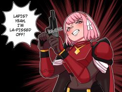 1girl armor fire_emblem fire_emblem_engage grey_hairband gun hair_ribbon hairband handgun holding holding_gun holding_weapon lapis_(fire_emblem) looking_at_viewer mnejing30 nintendo pink_eyes pink_hair red_armor red_hairband ribbon solo two-tone_hairband weapon white_ribbon