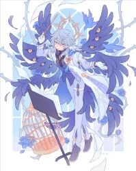 1boy birdcage black_footwear blue_background blue_flower blue_hair blue_rose blue_wings cage coat commentary conductor_baton english_commentary extra_eyes feathered_wings flower full_body gradient_background grey_(kiigri) halo hand_up head_wings highres holding_baton honkai:_star_rail honkai_(series) male_focus multiple_wings music_stand pants paper purple_background rose sheet_music simple_background smile solo sunday_(honkai:_star_rail) thigh_strap thorns white_background white_coat white_pants white_wings window wings yellow_eyes