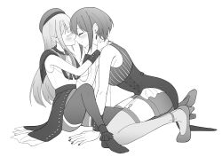 2girls absurdres amoris_(bang_dream!) ascot bang_dream! bang_dream!_it&#039;s_mygo!!!!! between_legs blush brooch capelet closed_eyes closed_mouth commentary_request earrings garter_straps greyscale hand_on_another&#039;s_face hand_on_another&#039;s_neck hat high_heels highres jewelry long_hair monochrome mortis_(bang_dream!) mortis_(costume)_(bang_dream!) multiple_girls pantyhose see-through_clothes see-through_sleeves shirt short_hair shorts shourai skirt smile thighhighs wakaba_mutsumi yuri yuutenji_nyamu