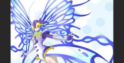 1girl antenna armor armored_gloves armored_leotard blue_eyes breasts bug butterfly butterfly_wings digimon digimon_(creature) digimon_story:_cyber_sleuth digimon_story:_cyber_sleuth_hacker&#039;s_memory female_focus gloves headgear helmet highres hudiemon insect insect_wings leotard medium_breasts ph6xeivbgpimggg shoulder_armor skirt solo solo_focus thick_thighs thighhighs thighs tinted_eyewear white_background wings yellow-tinted_eyewear