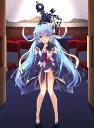 1girl bare_legs black_dress blue_footwear blue_hair blush censored character_name clothes_lift commentary_request commission dress dress_lift eyes_visible_through_hair finger_to_mouth full_body green_eyes groin hair_between_eyes hair_ribbon hand_up highres hip_vent hoshino_yumemi index_finger_raised indoors lifting_own_clothes long_hair long_ribbon long_sleeves looking_at_viewer low_twintails necktie no_panties open_door otou_(otou_san) planetarian planetarium pussy_juice pussy_juice_trail red_necktie ribbon robot_ears second-party_source shiny_skin shirt shushing shy solo standing straight-on twintails very_long_hair white_shirt yellow_ribbon