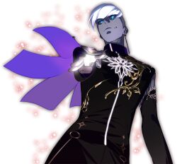 Rule 34 | 1boy, black shirt, blue eyes, colored sclera, colored skin, dark-skinned male, dark skin, earrings, fate/grand order, fate (series), grey sclera, grey skin, indra (fate), jewelry, lightning bolt facial mark, long sleeves, looking at viewer, male focus, official art, pako (pakosun), shirt, short hair, smile, solo, transparent background, upper body, white hair