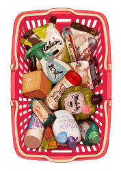 Rule 34 | absurdres, basket, bottle, commentary request, highres, kaname (emanalc), no humans, original, plastic bottle, plastic wrap, shopping basket, simple background, squeeze bottle, still life, toothbrush, toothpaste, translation request, tube (container), white background