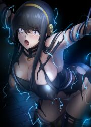 1girl black_dress black_hair breasts cleavage commentary_request covered_erect_nipples dress electrocution flower gold_hairband hair_flower hair_ornament hairband highres large_breasts large_variant_set long_hair looking_at_viewer onigirikun open_mouth paid_reward_available red_eyes restrained rose solo spy_x_family sweat torn_clothes torn_dress variant_set yor_briar