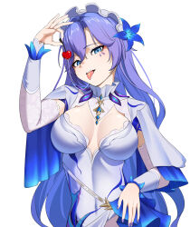 1girl absurdres blue_eyes blue_flower breasts breasts_apart cantarella_(wuthering_waves) cherry commentary covered_navel cowboy_shot dress facial_mark flower food fruit hair_between_eyes hair_flower hair_ornament hazeillusts headdress highres holding holding_food holding_fruit large_breasts long_hair looking_at_viewer mark_under_eye nail_polish purple_hair purple_nails saliva saliva_trail shrug_(clothing) simple_background solo tacet_mark_(wuthering_waves) tongue tongue_out very_long_hair white_background white_dress white_shrug wuthering_waves