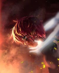 2girls alien_stage black_shirt commentary crying english_commentary ghost gloves koaen0024 mizi_(alien_stage) multiple_girls out_of_frame pink_hair shirt short_hair smoke solo_focus sua_(alien_stage) tears white_gloves yellow_eyes