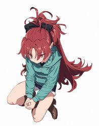 Rule 34 | 1girl, boots, expressionless, from above, highres, hood, hoodie, ikezawa shin, long hair, looking at viewer, mahou shoujo madoka magica, ponytail, red eyes, red hair, sakura kyoko, short shorts, shorts, simple background, sitting, solo, white background