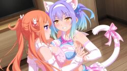 2girls animal_ears ayu_(sakura_succubus) blush cat_ears cat_tail cheerleader cosmos_(sakura_succubus) embarrassed frills game_cg hair_ornament hairpin highres holding_hands multicolored_hair multiple_girls official_art orange_hair pout purple_eyes sakura_succubus smug tail twintails two-tone_hair wanaca yuri